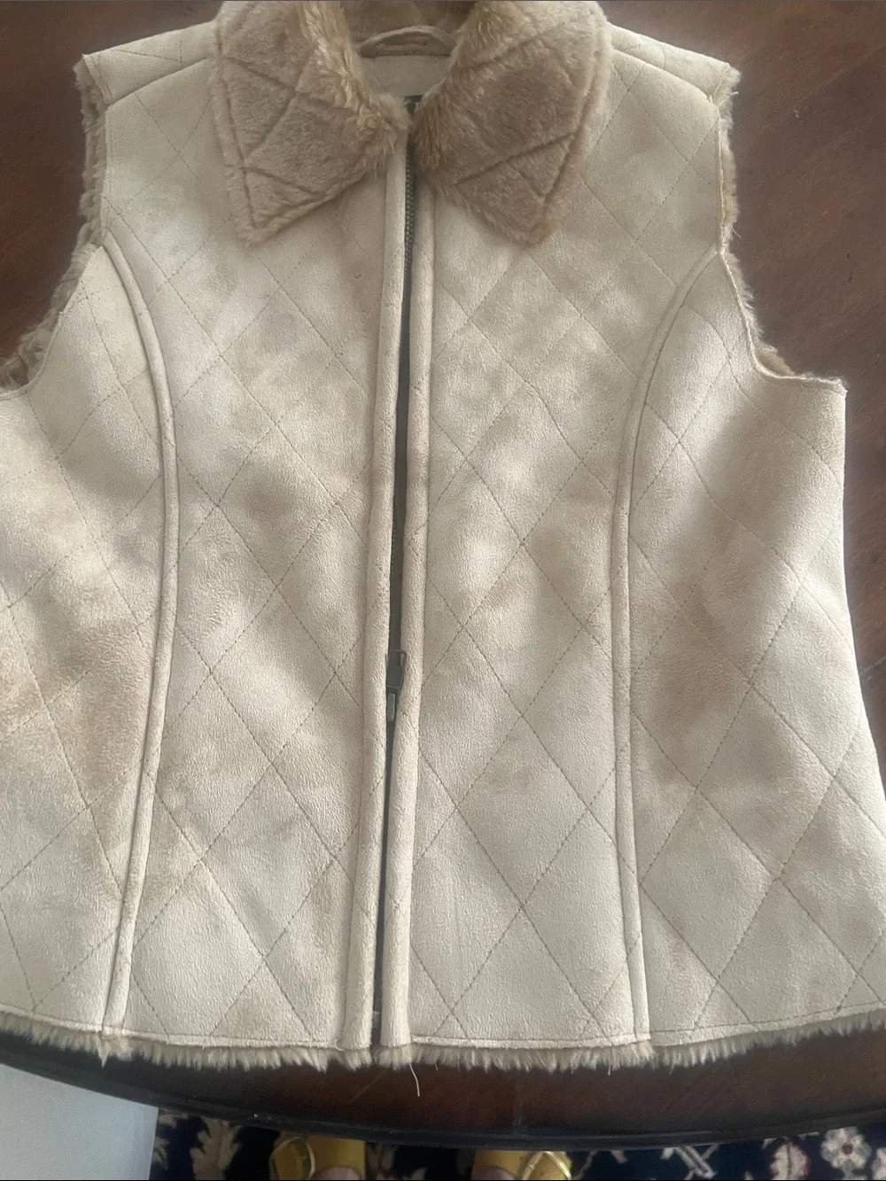 Girls Cream Quilted Faux-Suede Vest with Faux-Fur Trim M